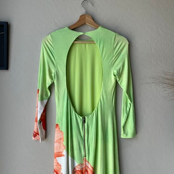 Alice + Olivia Delora‎ Open Back Green Tulip Print 3/4 Sleeve Crew Maxi Dress 6 - Picture 9 of 12